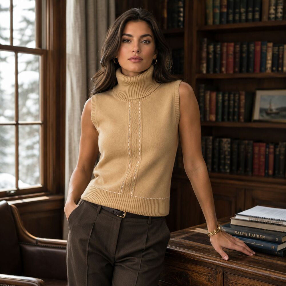 Vintage Bogari Sweater Vest XL Camel Turtleneck Cable Knit Ramie Preppy 90s